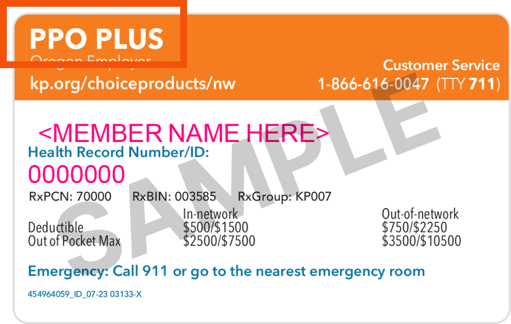 Sample member card with PPO Plus highlighted in the upper left corner.