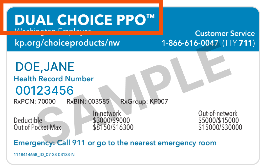 Sample member card with Dual Choice PPO highlighted in the upper left corner.